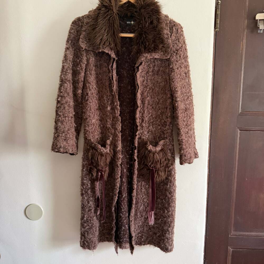 CONNIE'S MOONLIGHT | Brown Boho Faux Fur Trim Boucle Duster Sweater | Small